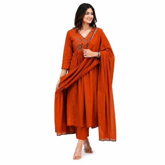 Women Orange Embroidered Anarkali Kurta Set with Dupatta and Pants
