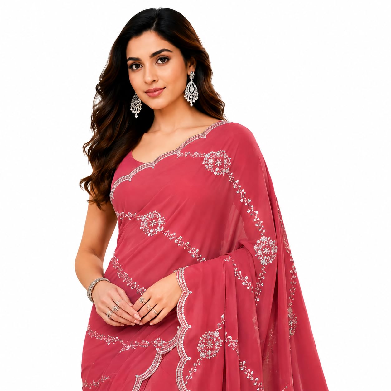 Embroidered Saree with Silver Sequin Floral Vine Work & Scalloped Border