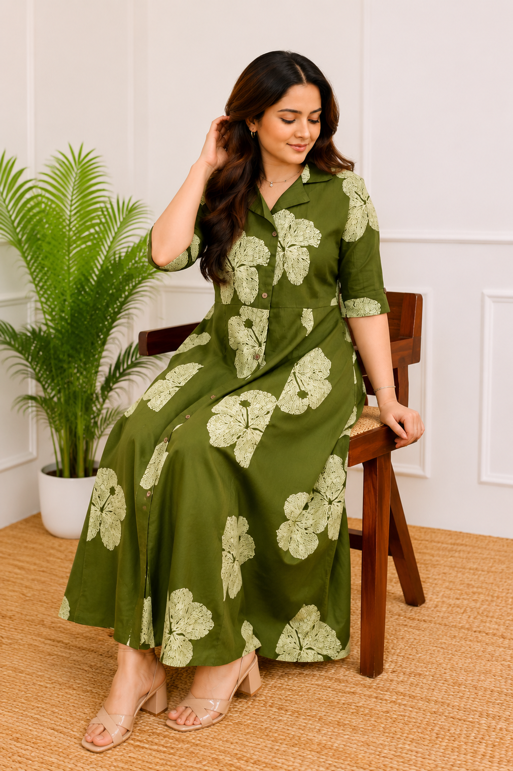 Olive Green Floral Printed Collared Button-Down Midi Dress