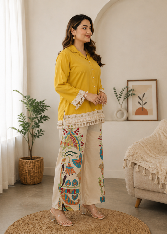 Sunlit Boho Mustard Co-Ord Set | Tassel Shirt & Printed Palazzo