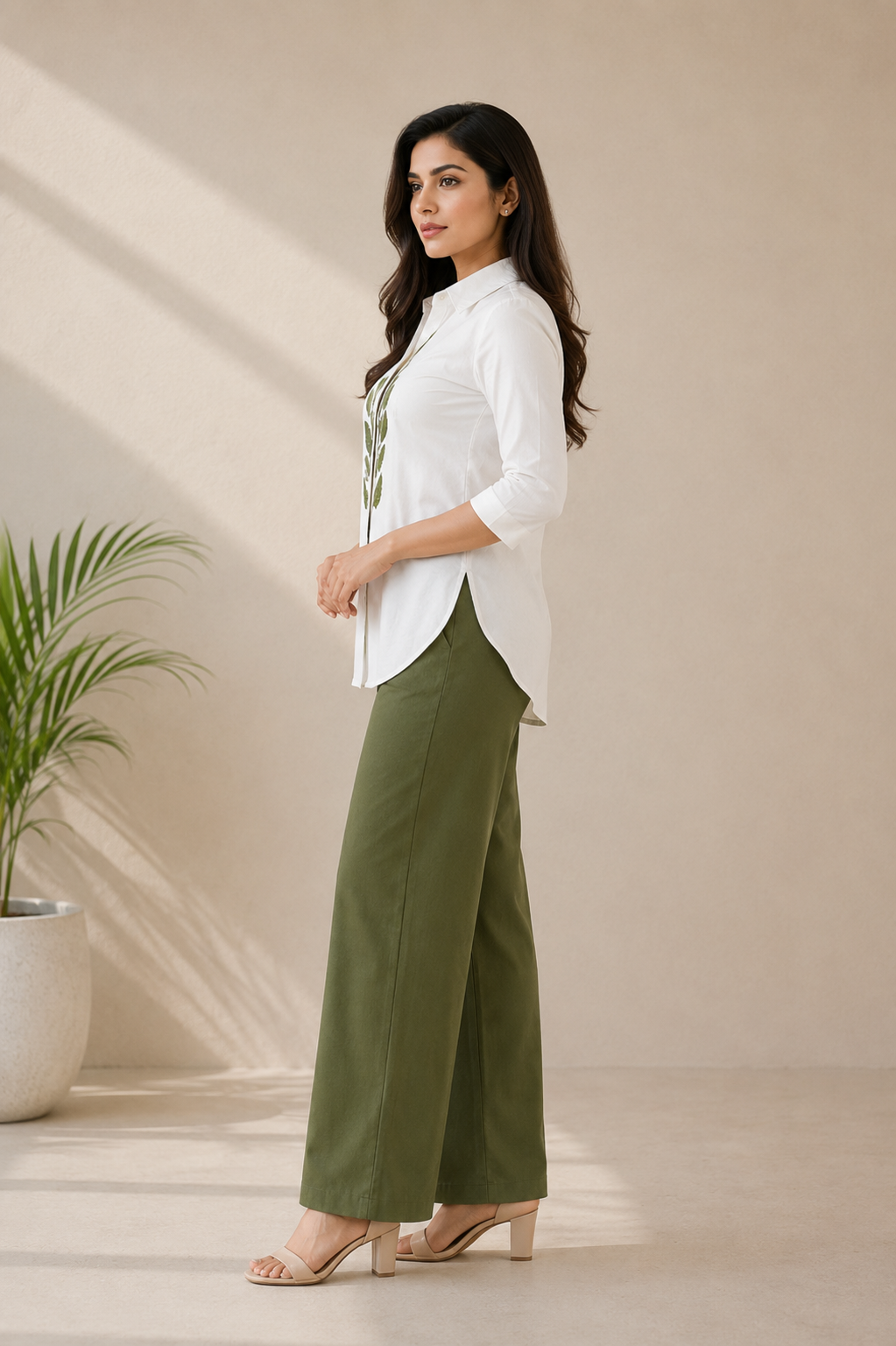 White Printed Cotton Blend Co-Ord Set with Olive Green Straight Pant