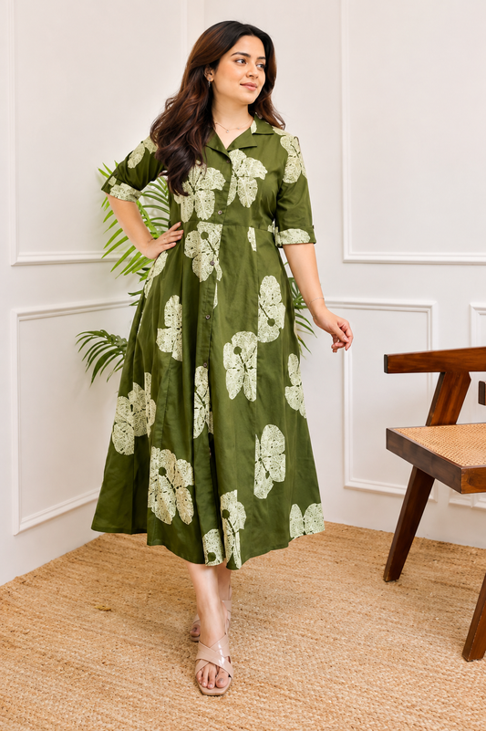 Olive Green Floral Printed Collared Button-Down Midi Dress