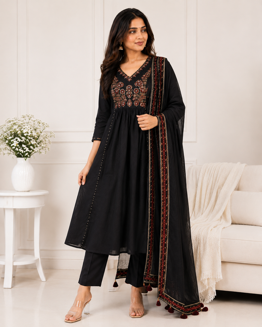 Black Embroidered Anarkali Kurta Set with Dupatta
