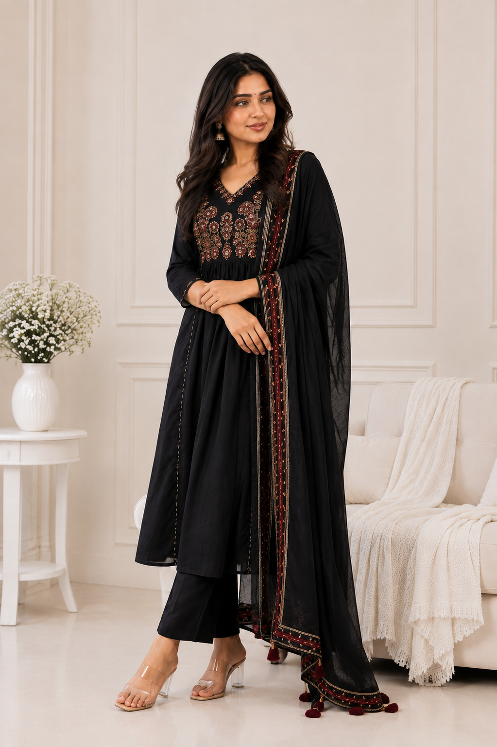 Black Embroidered Anarkali Kurta Set with Dupatta