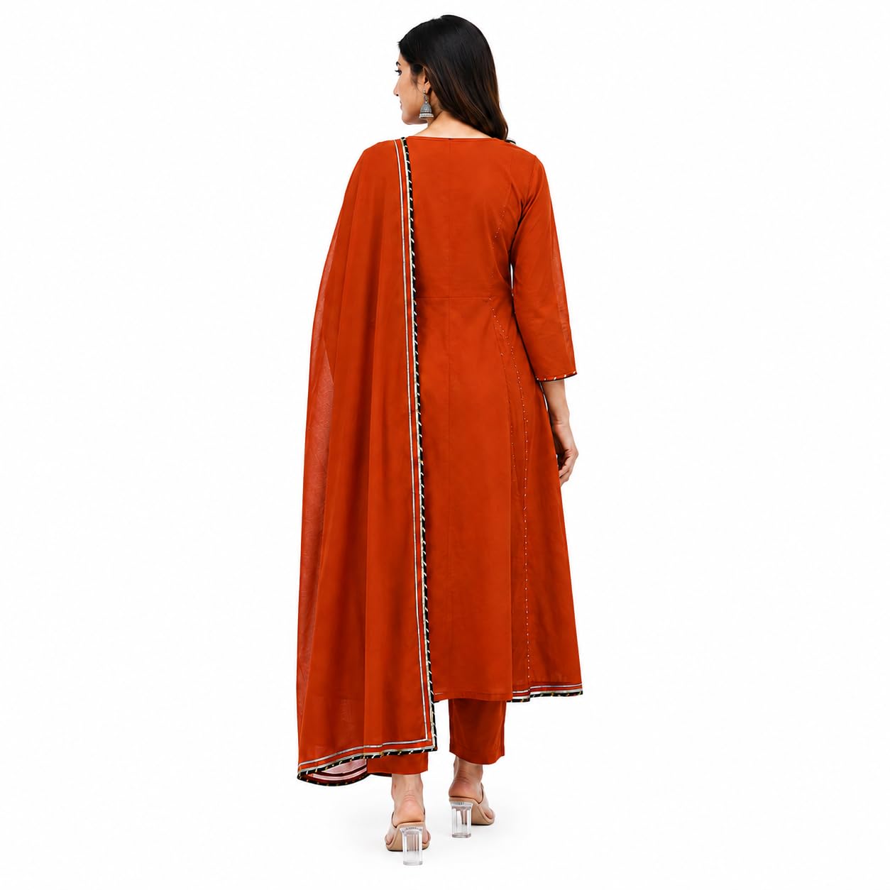 Women Orange Embroidered Anarkali Kurta Set with Dupatta and Pants