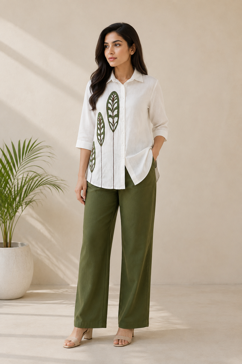 White Printed Cotton Blend Co-Ord Set with Olive Green Straight Pant