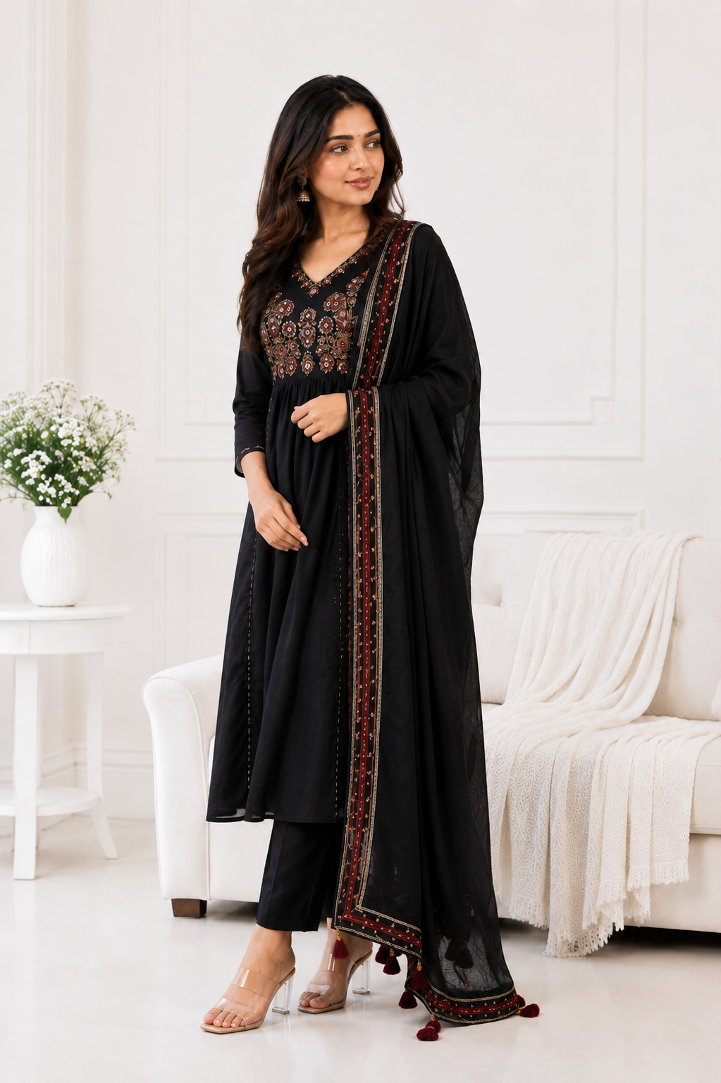 Black Embroidered Anarkali Kurta Set with Dupatta