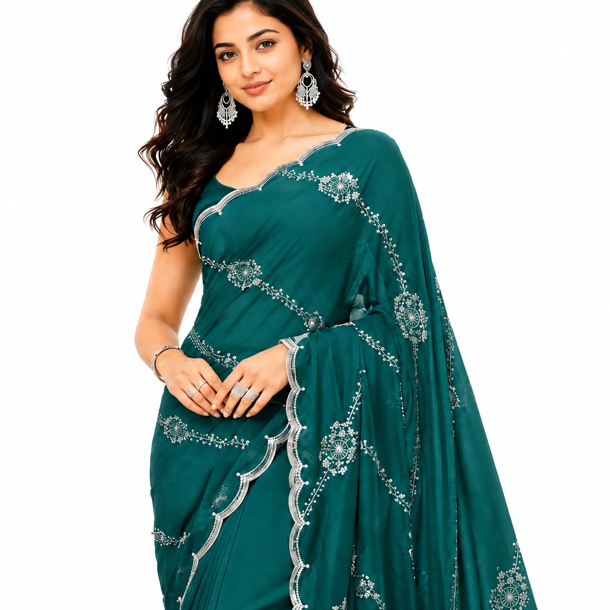 Firozi Green Saree with Silver Sequin Floral Vine Work & Scalloped Border