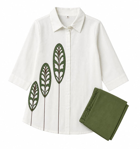 White Printed Cotton Blend Co-Ord Set with Olive Green Straight Pant