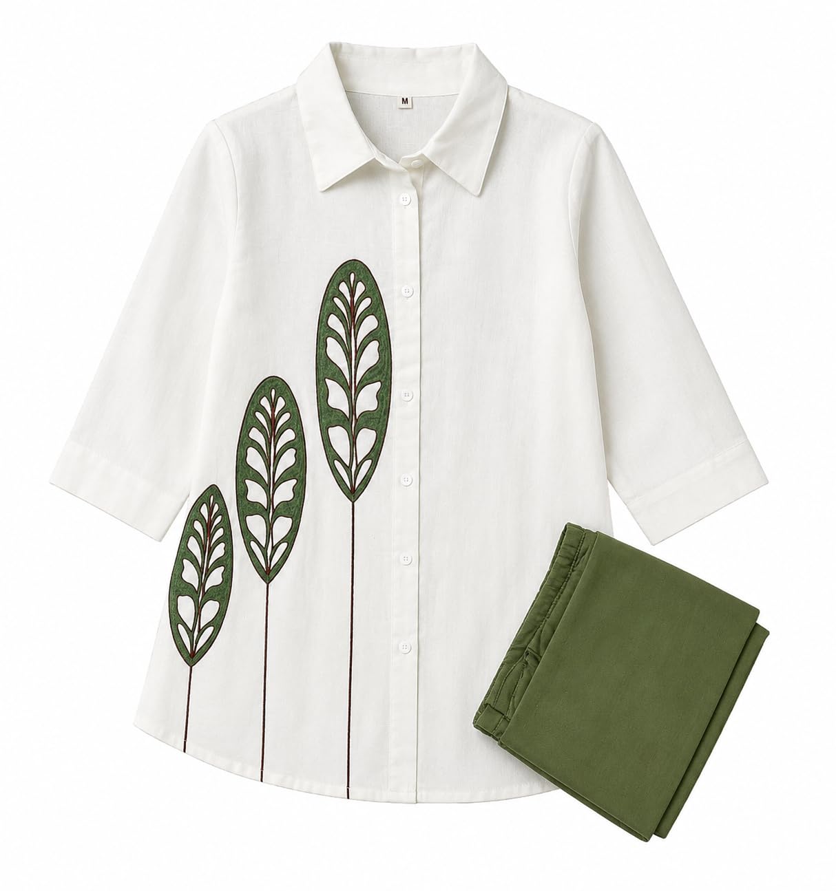 White Printed Cotton Blend Co-Ord Set with Olive Green Straight Pant