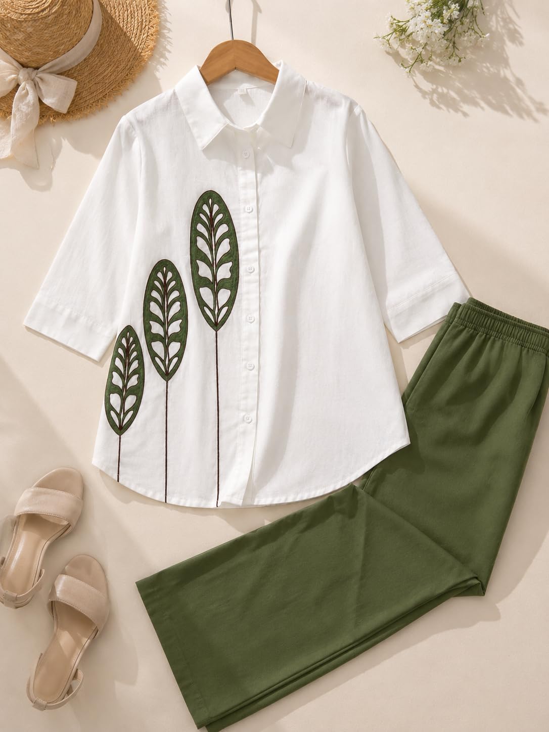 White Printed Cotton Blend Co-Ord Set with Olive Green Straight Pant