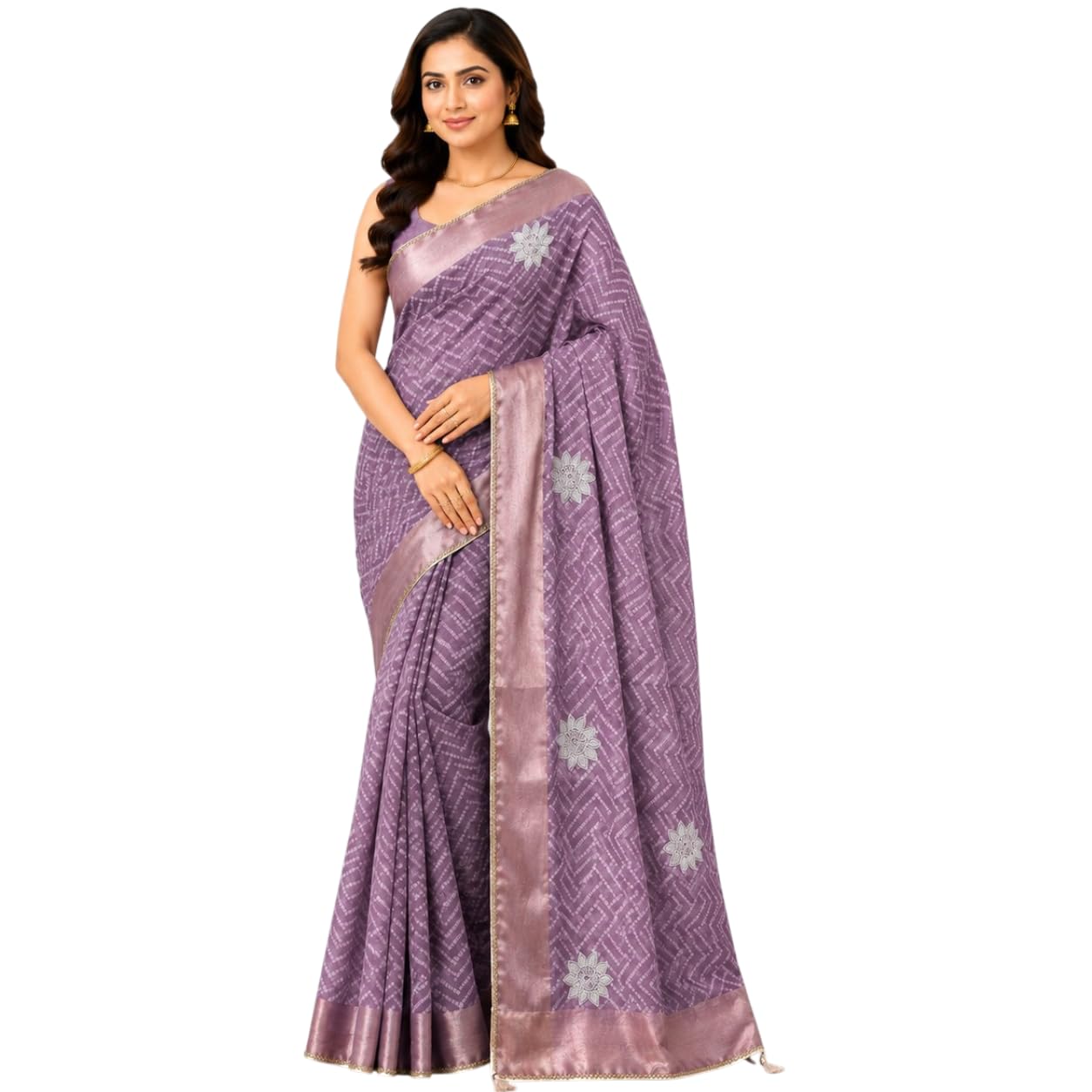 Bandhani Print, Antique Gold Zari Pallu, Elephant Motifs, Floral Medallions, Tassel Border