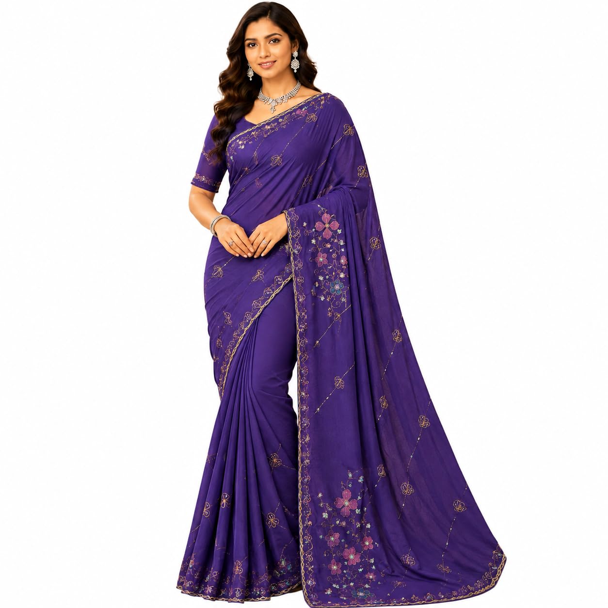 Women Purple Silk Saree, Elegant Designer Drape