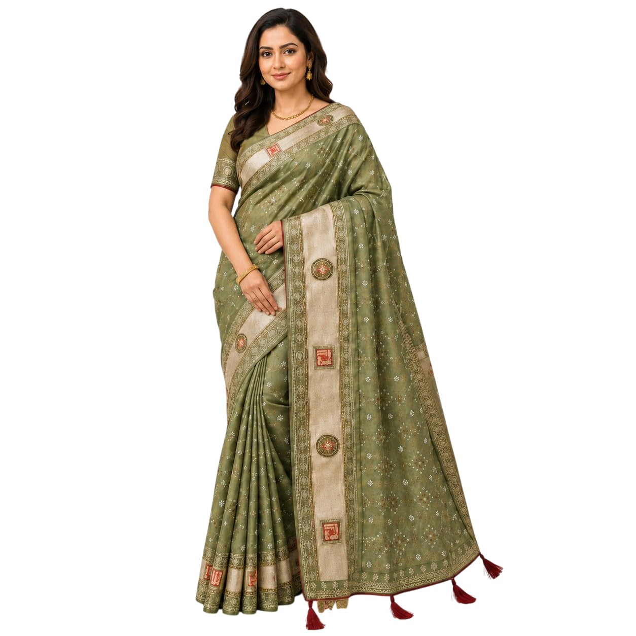 Bandhani Print, Antique Gold Zari Pallu, Elephant Motifs, Floral Medallions