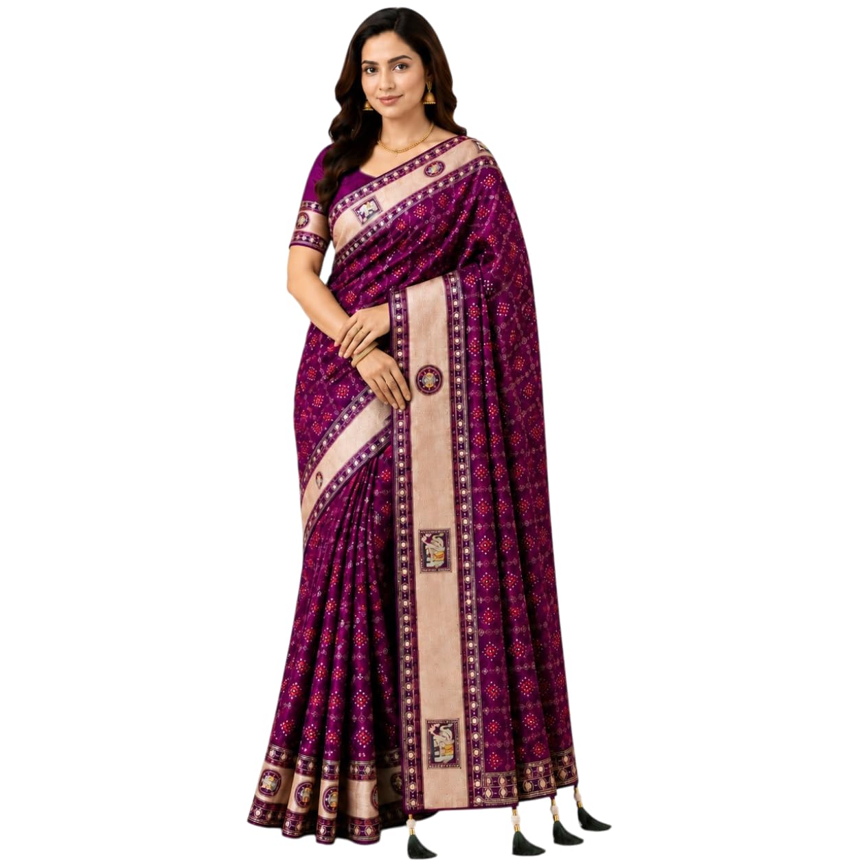 Bandhani Print, Antique Gold Zari Pallu, Elephant Motifs, Floral Medallions, Tassel Border