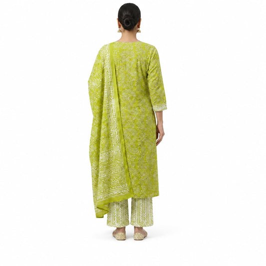 Ethnic Kurti Set for Women Lime Green Printed Kurta Pant Dupatta Set
