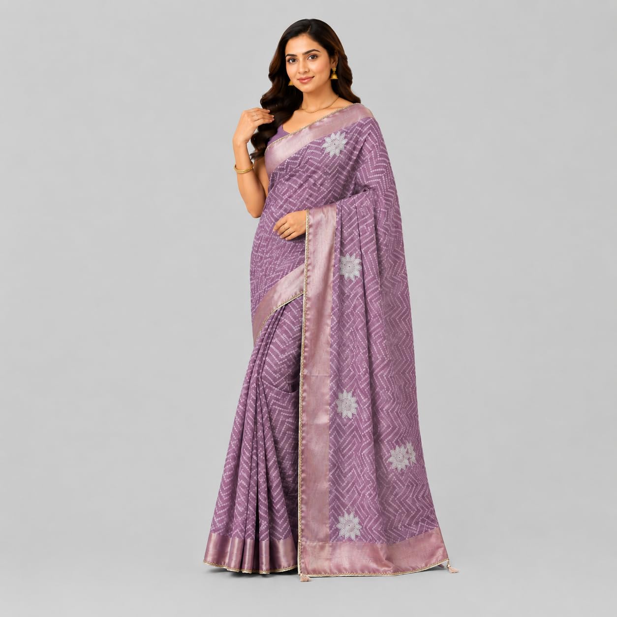 Bandhani Print, Antique Gold Zari Pallu, Elephant Motifs, Floral Medallions, Tassel Border