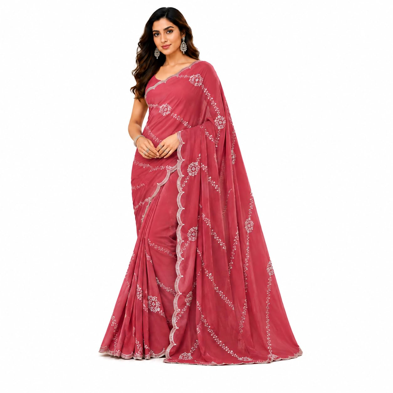 Embroidered Saree with Silver Sequin Floral Vine Work & Scalloped Border