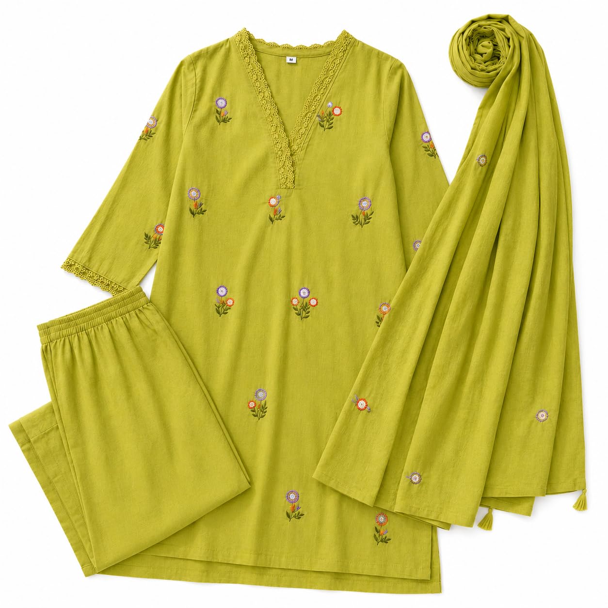 Women Olive Green Embroidered Kurta Pant Dupatta Set