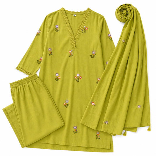Women Olive Green Embroidered Kurta Pant Dupatta Set