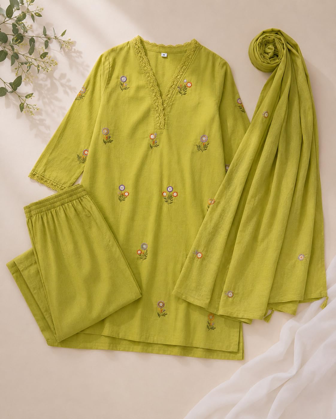 Women Olive Green Embroidered Kurta Pant Dupatta Set