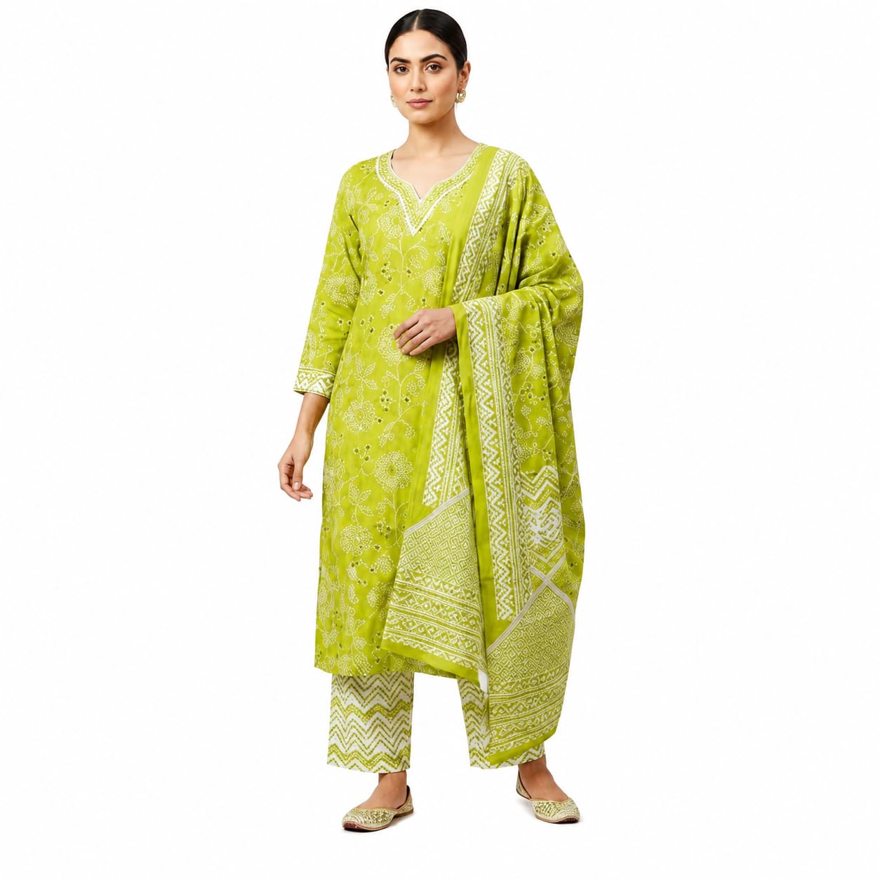 Ethnic Kurti Set for Women Lime Green Printed Kurta Pant Dupatta Set