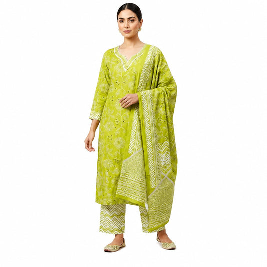 Ethnic Kurti Set for Women Lime Green Printed Kurta Pant Dupatta Set