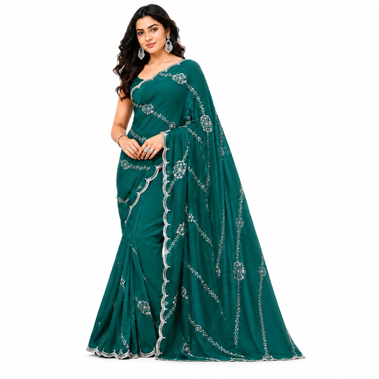 Firozi Green Saree with Silver Sequin Floral Vine Work & Scalloped Border