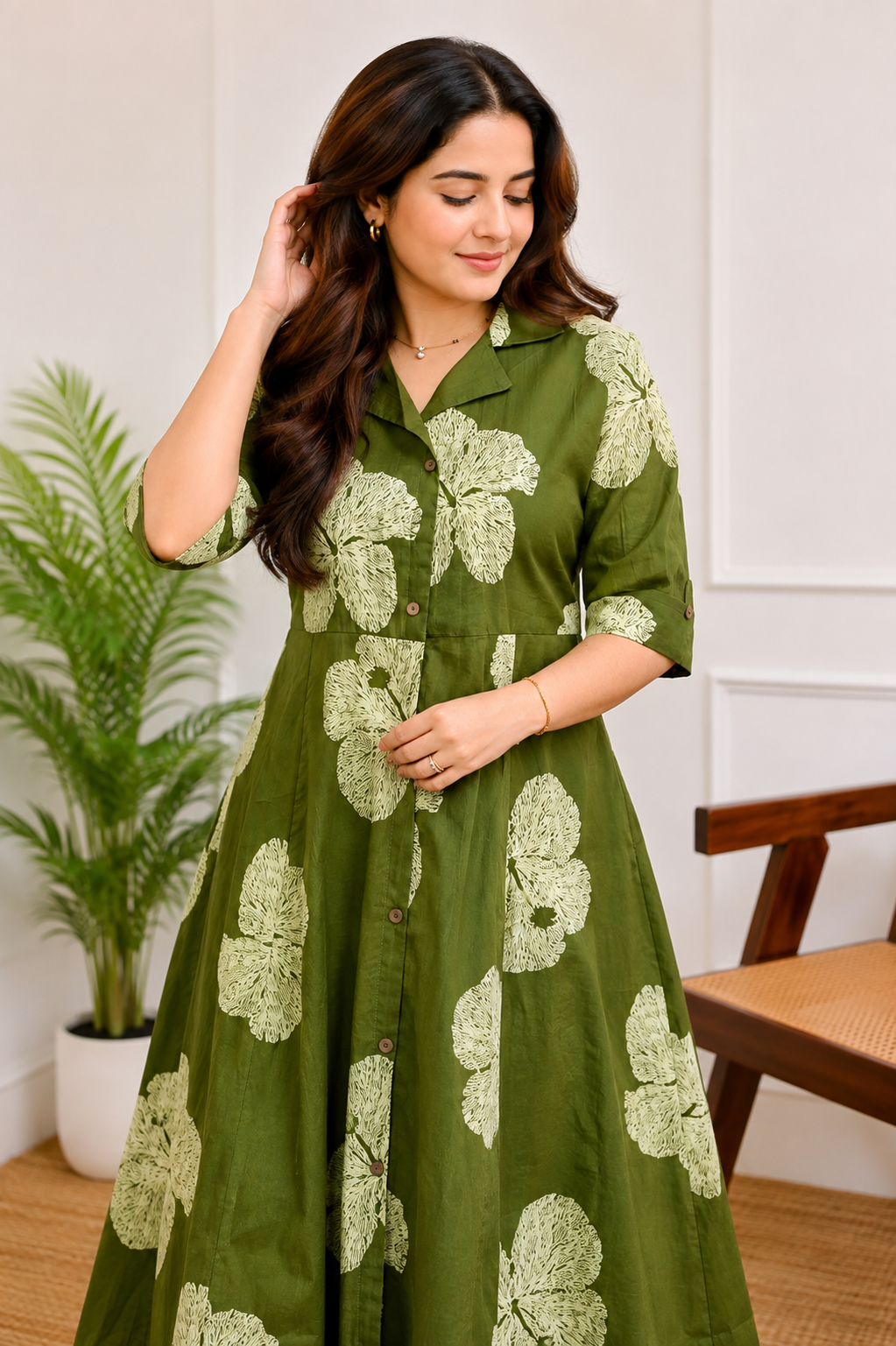 Olive Green Floral Printed Collared Button-Down Midi Dress