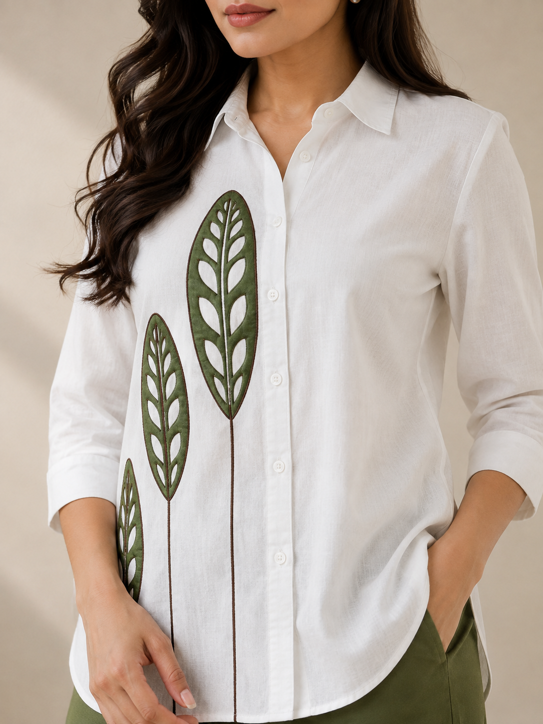 White Printed Cotton Blend Co-Ord Set with Olive Green Straight Pant