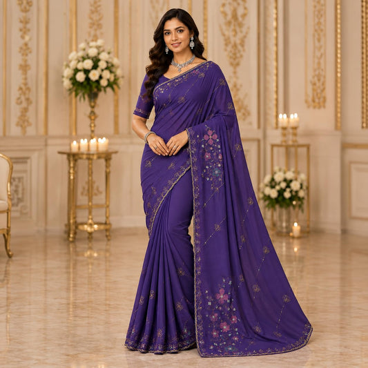 Women Purple Silk Saree, Elegant Designer Drape