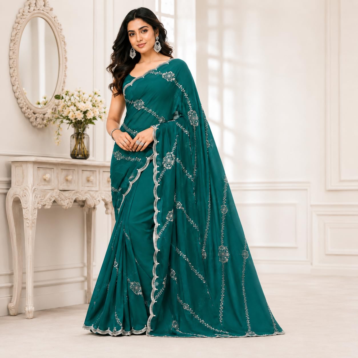 Firozi Green Saree with Silver Sequin Floral Vine Work & Scalloped Border