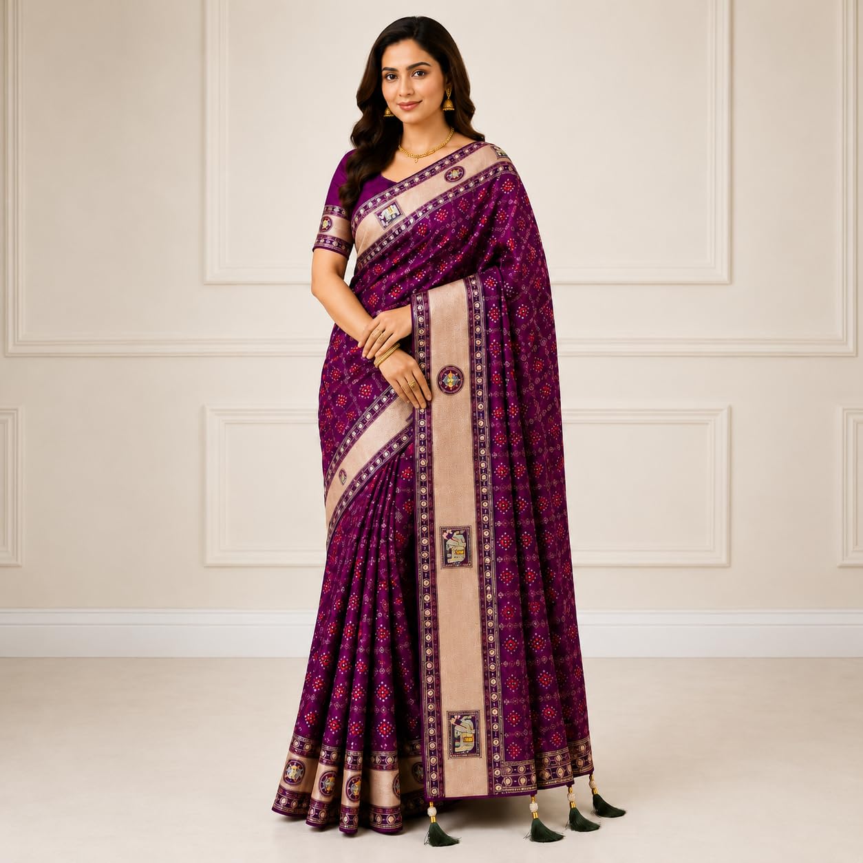 Bandhani Print, Antique Gold Zari Pallu, Elephant Motifs, Floral Medallions, Tassel Border