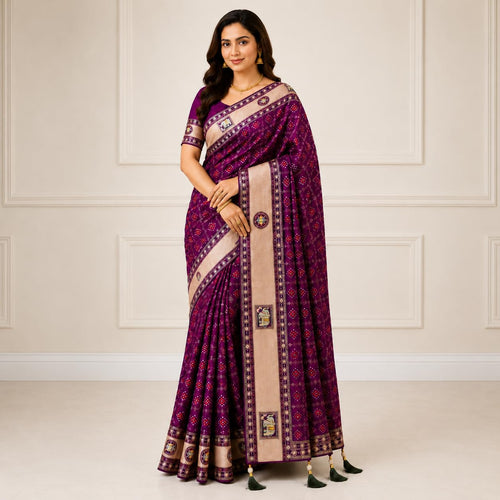 Bandhani Print, Antique Gold Zari Pallu, Elephant Motifs, Floral Medallions, Tassel Border Dark Purple
