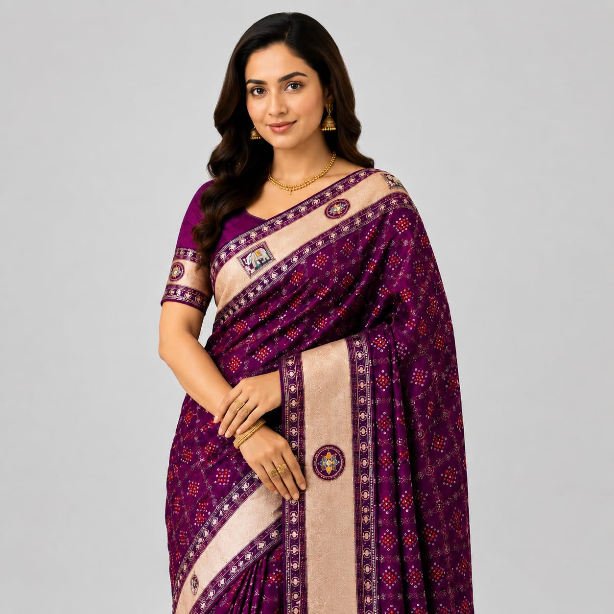 Bandhani Print, Antique Gold Zari Pallu, Elephant Motifs, Floral Medallions, Tassel Border