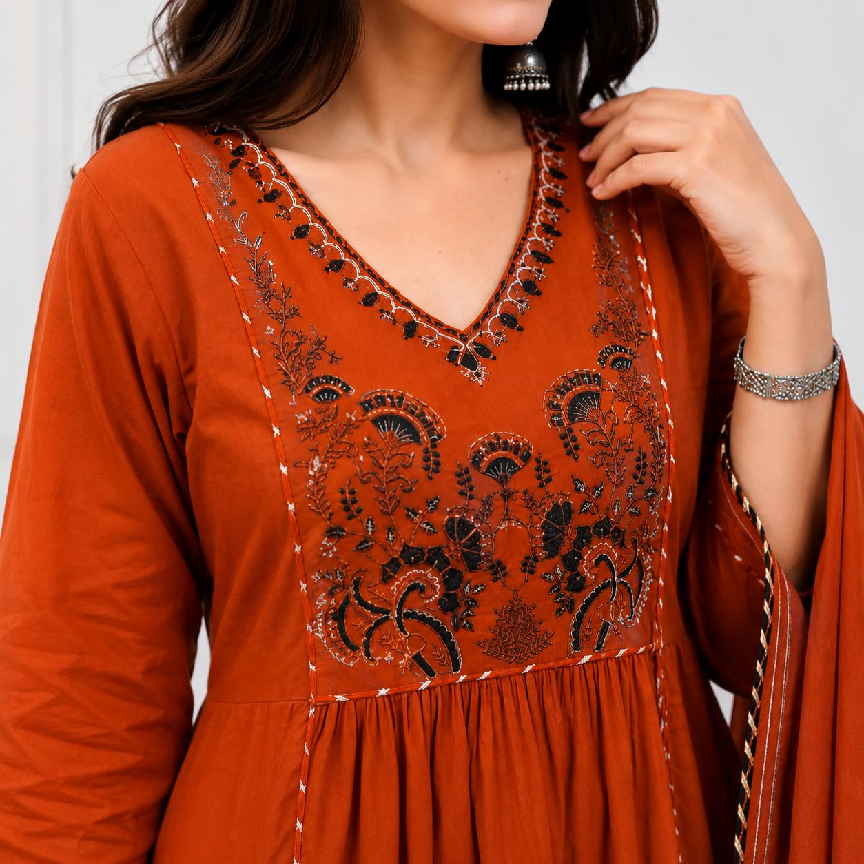 Women Orange Embroidered Anarkali Kurta Set with Dupatta and Pants