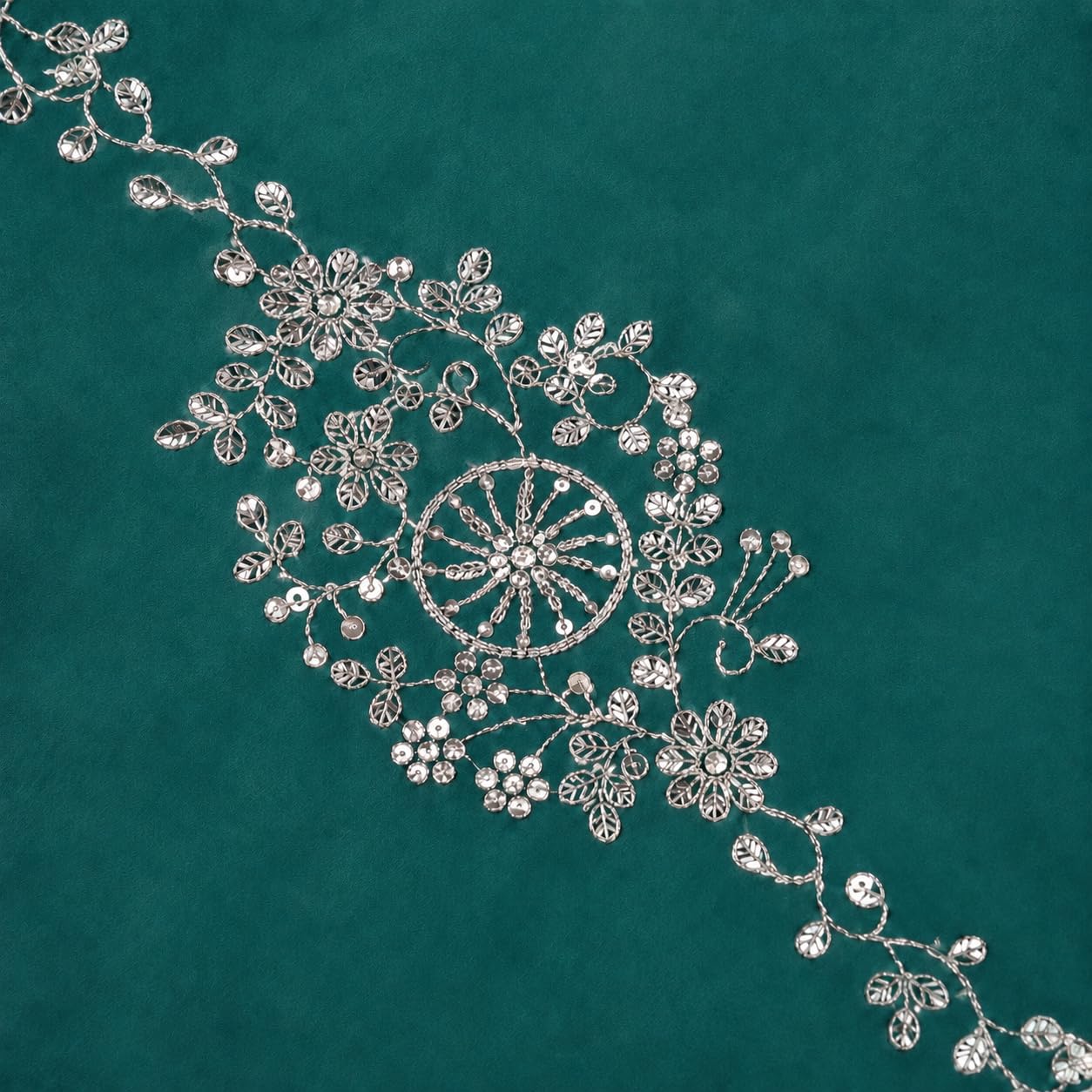 Firozi Green Saree with Silver Sequin Floral Vine Work & Scalloped Border