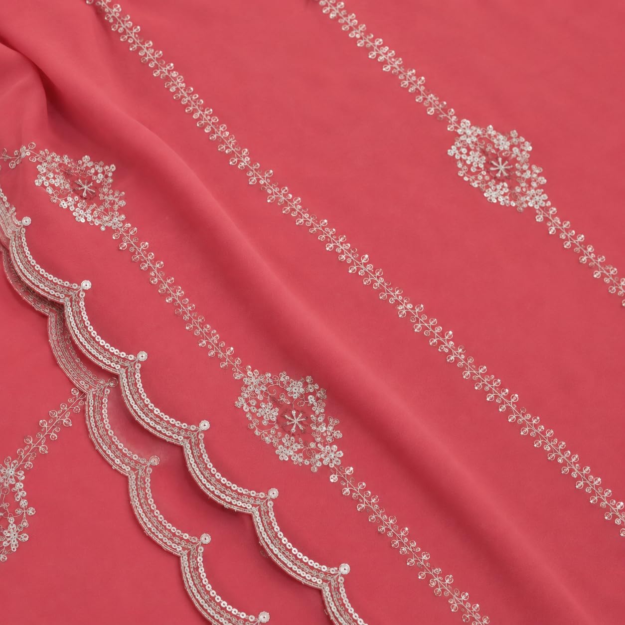 Embroidered Saree with Silver Sequin Floral Vine Work & Scalloped Border