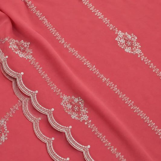 Embroidered Saree with Silver Sequin Floral Vine Work & Scalloped Border