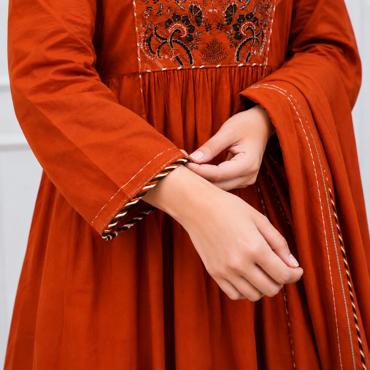 Women Orange Embroidered Anarkali Kurta Set with Dupatta and Pants