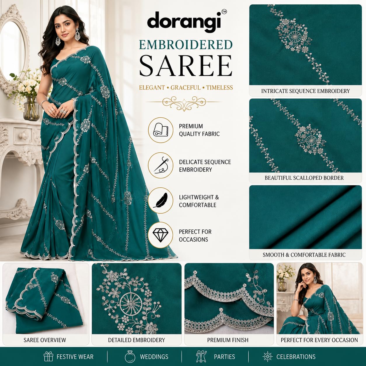 Firozi Green Saree with Silver Sequin Floral Vine Work & Scalloped Border