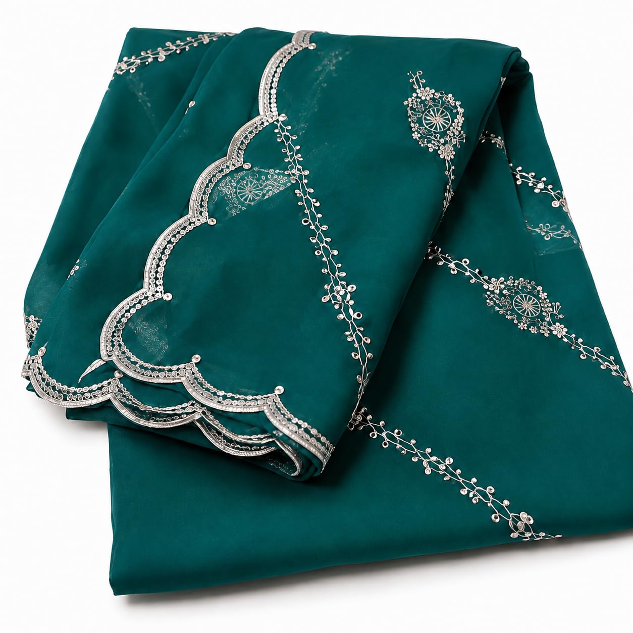 Firozi Green Saree with Silver Sequin Floral Vine Work & Scalloped Border