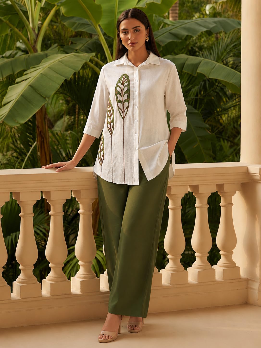 White Printed Cotton Blend Co-Ord Set with Olive Green Straight Pant