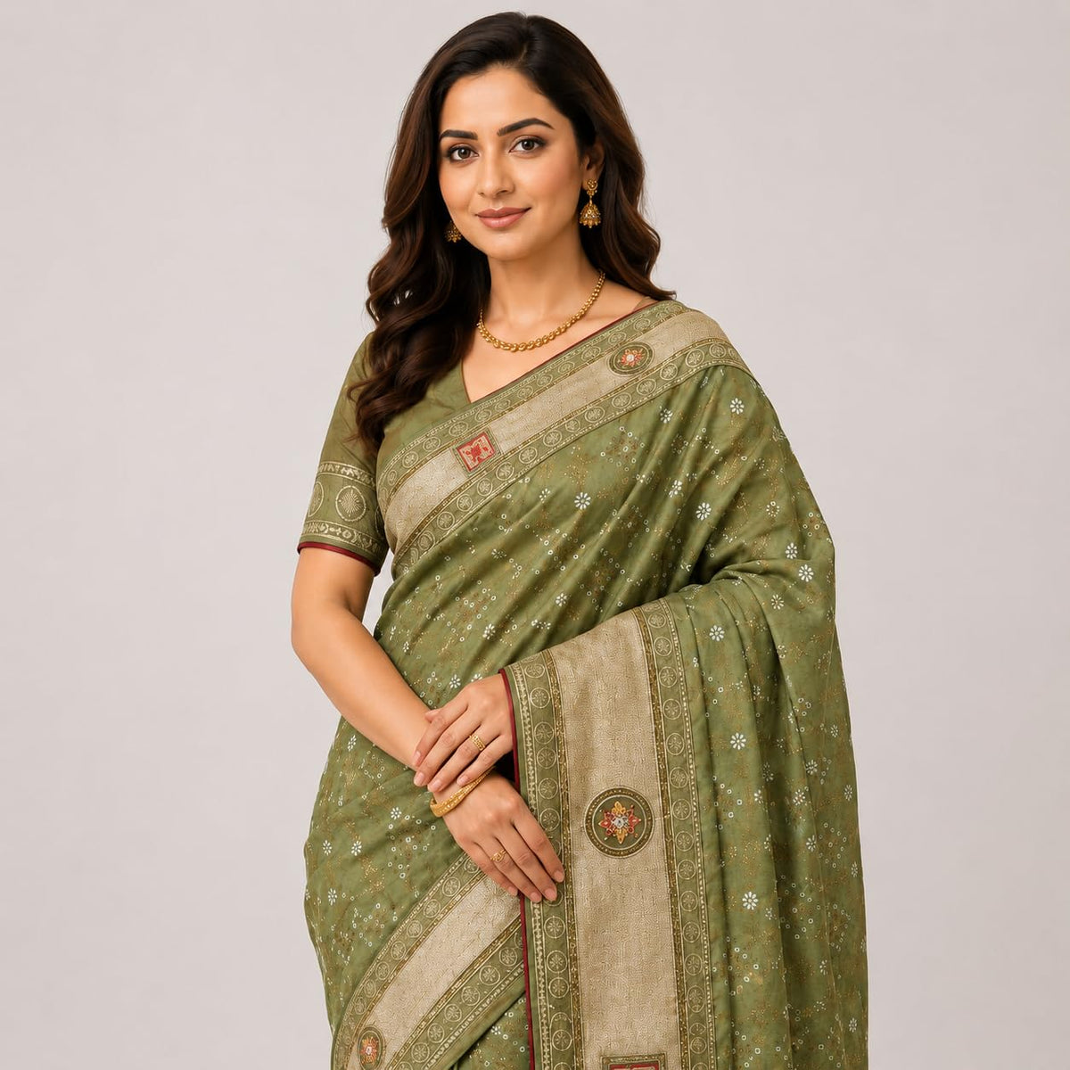 Bandhani Print, Antique Gold Zari Pallu, Elephant Motifs, Floral Medallions