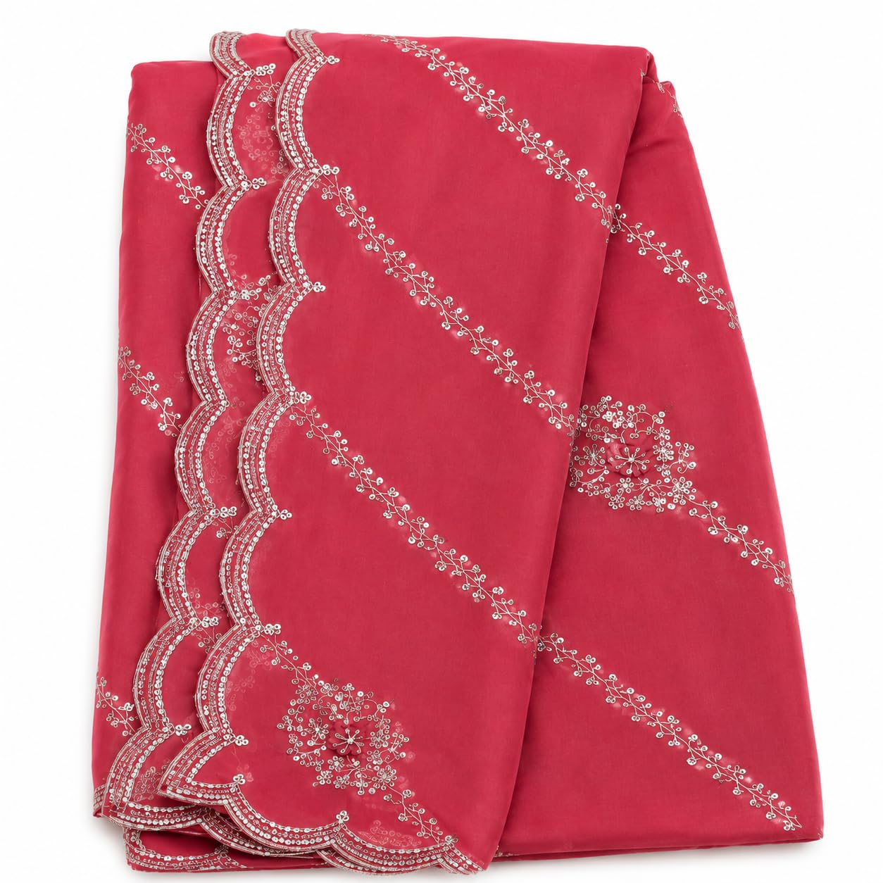 Embroidered Saree with Silver Sequin Floral Vine Work & Scalloped Border