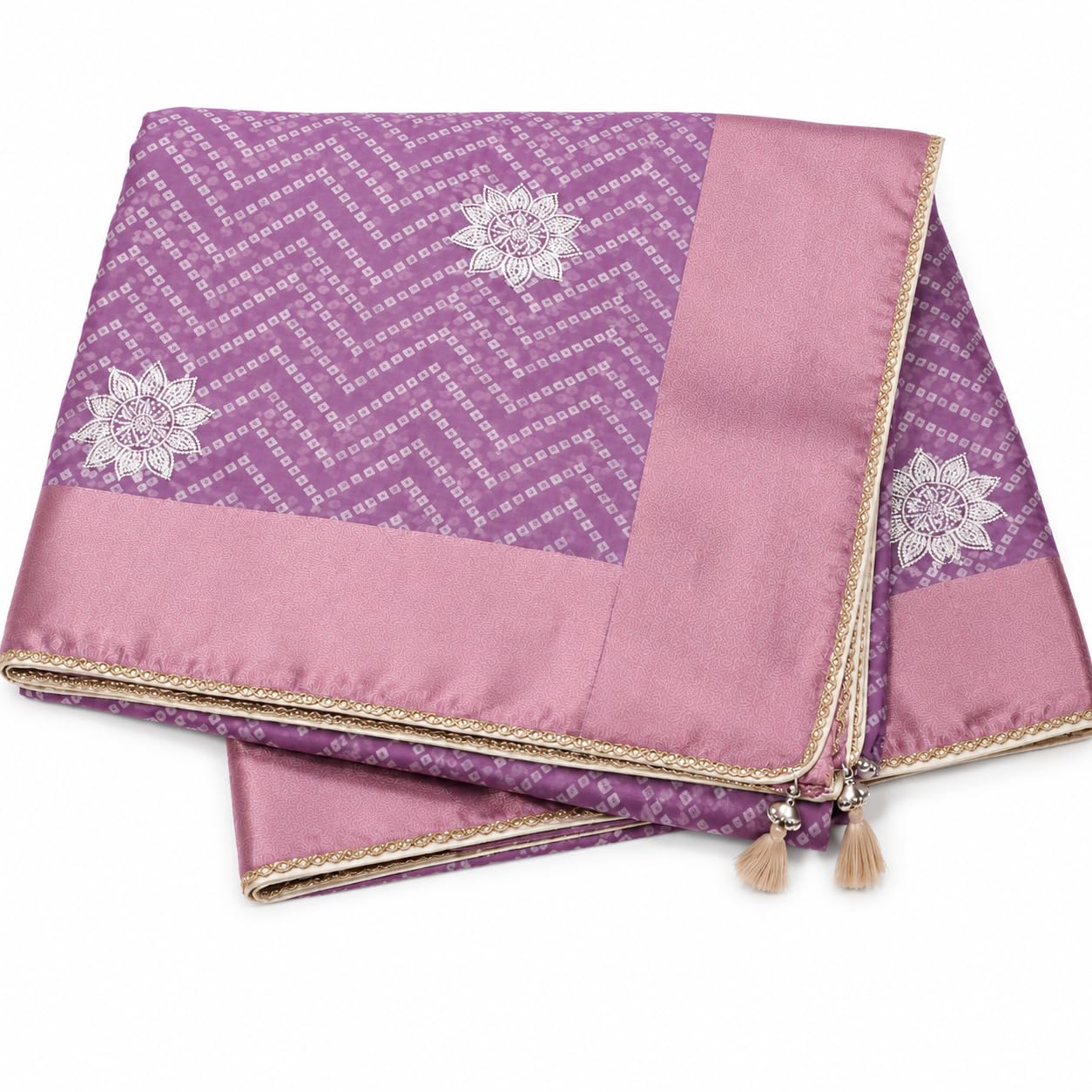 Bandhani Print, Antique Gold Zari Pallu, Elephant Motifs, Floral Medallions, Tassel Border