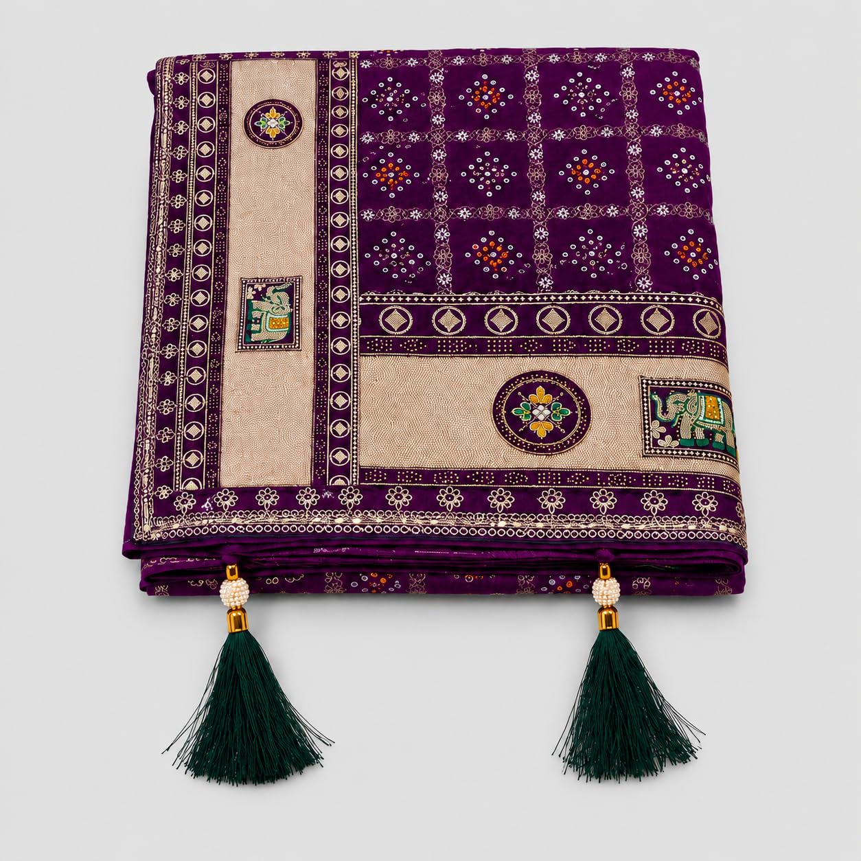 Bandhani Print, Antique Gold Zari Pallu, Elephant Motifs, Floral Medallions, Tassel Border
