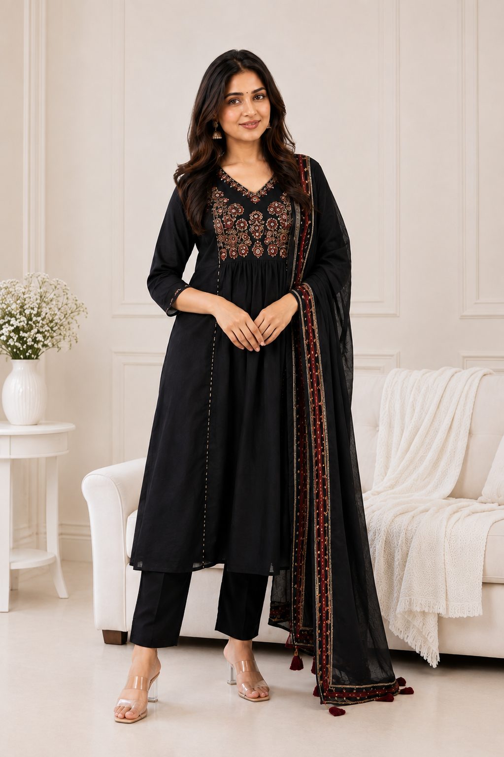 Black Embroidered Anarkali Kurta Set with Dupatta