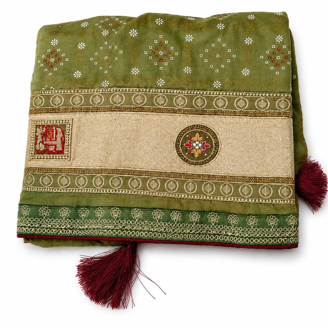 Bandhani Print, Antique Gold Zari Pallu, Elephant Motifs, Floral Medallions