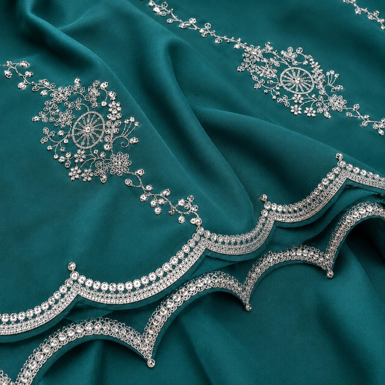 Firozi Green Saree with Silver Sequin Floral Vine Work & Scalloped Border
